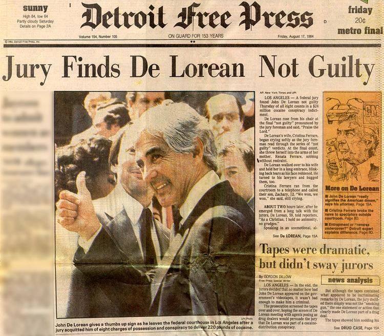 John DeLorean Freep front page not guilty