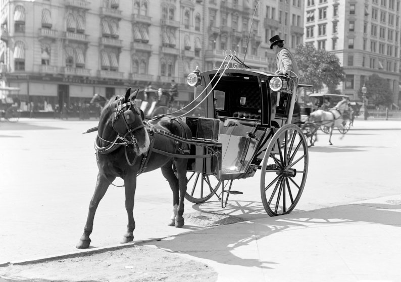 A Hansom cab is a type of horse-drawn carriage first designed and