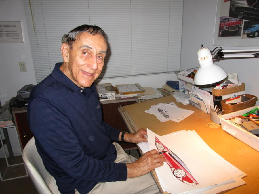 Elia Russinoff seated at his drawing desk at home Eva Corvair Lady McGuire RESIZED 1