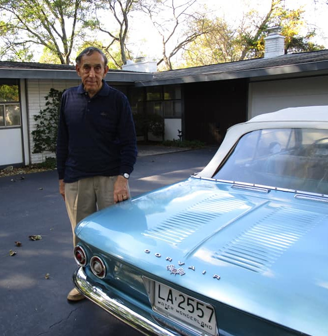 Russinoff standing next to a Corvair Eva Corvair Lady McGuire RESIZED 2