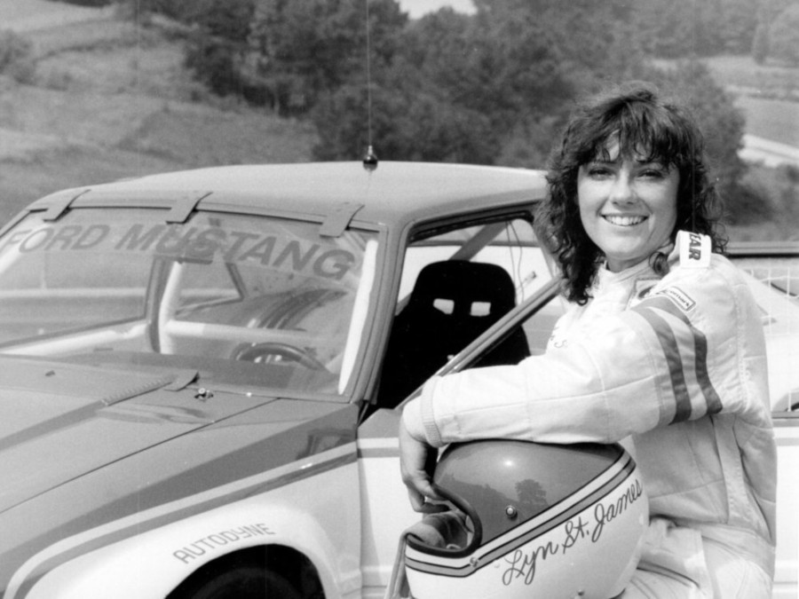 Lyn St. James with her racing Ford Mustang RESIZED