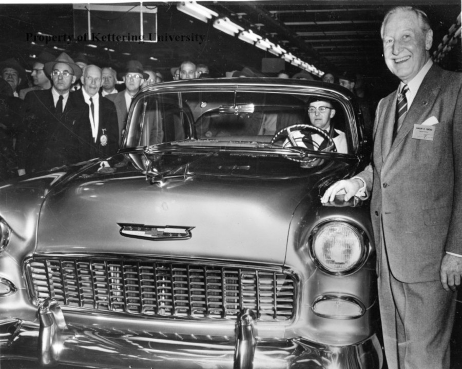 Harlow Curtice with a 1955 Chevy Belair the 50th Millionth GM Media Archives RESIZED 2