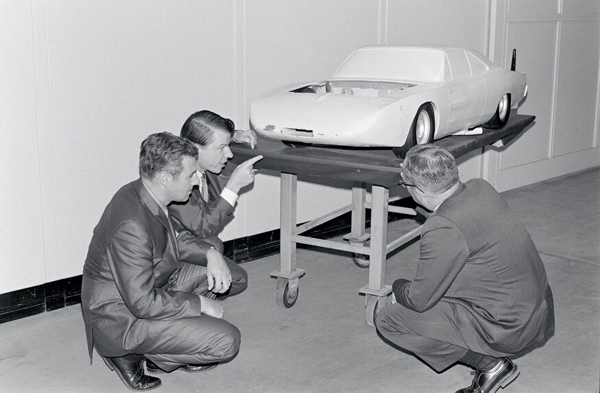 Chrysler engineers and designers working with a scale model of the SuperBird Chrysler Archives 2