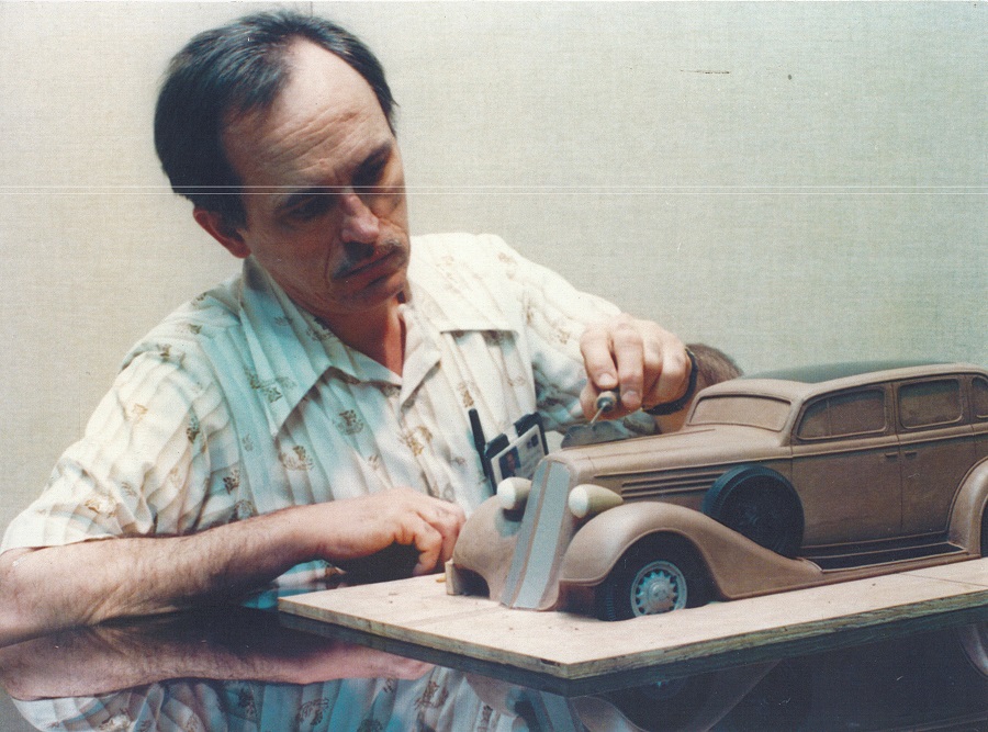 Ronald Konopka with clay model of 1935 Buick Konopka Collection