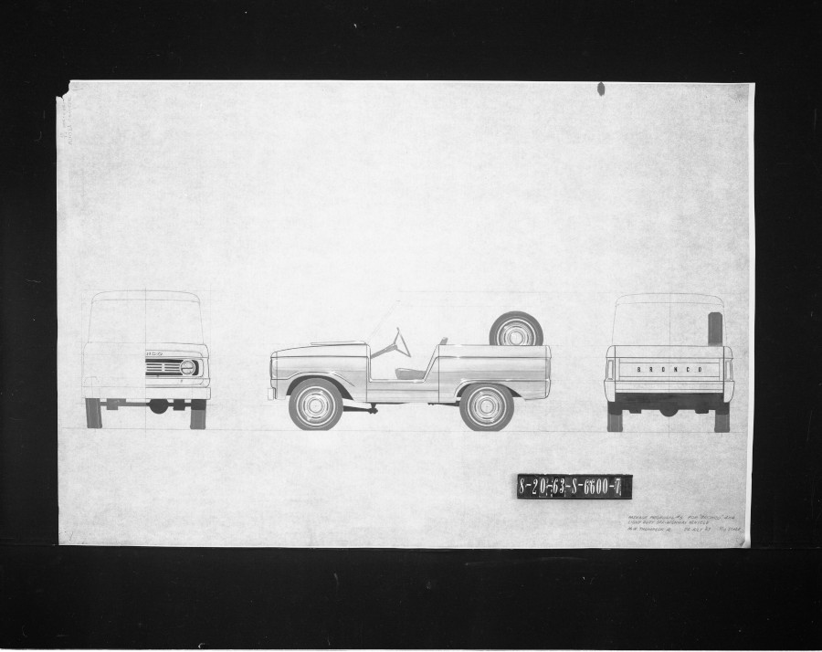 Pencil drawing of 3 views of the original Ford Bronco design Ford Motor Company Archives RESIZED 3